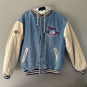 Disney Store Embroidered Eeyore Denim Bomber Varsity Jacket Med Detachable Hood